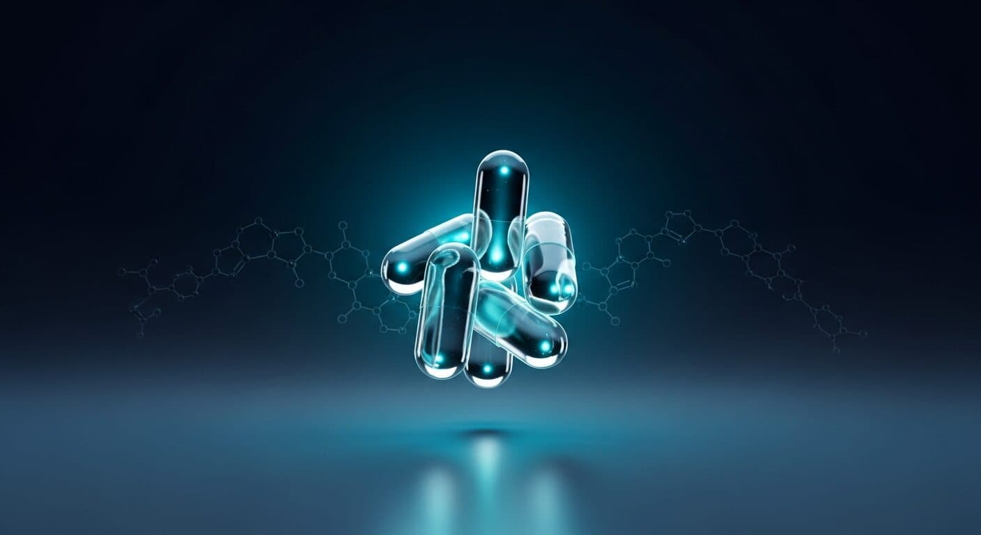 Enteric-coated oral BPC-157 research capsules with molecular peptide chain overlay