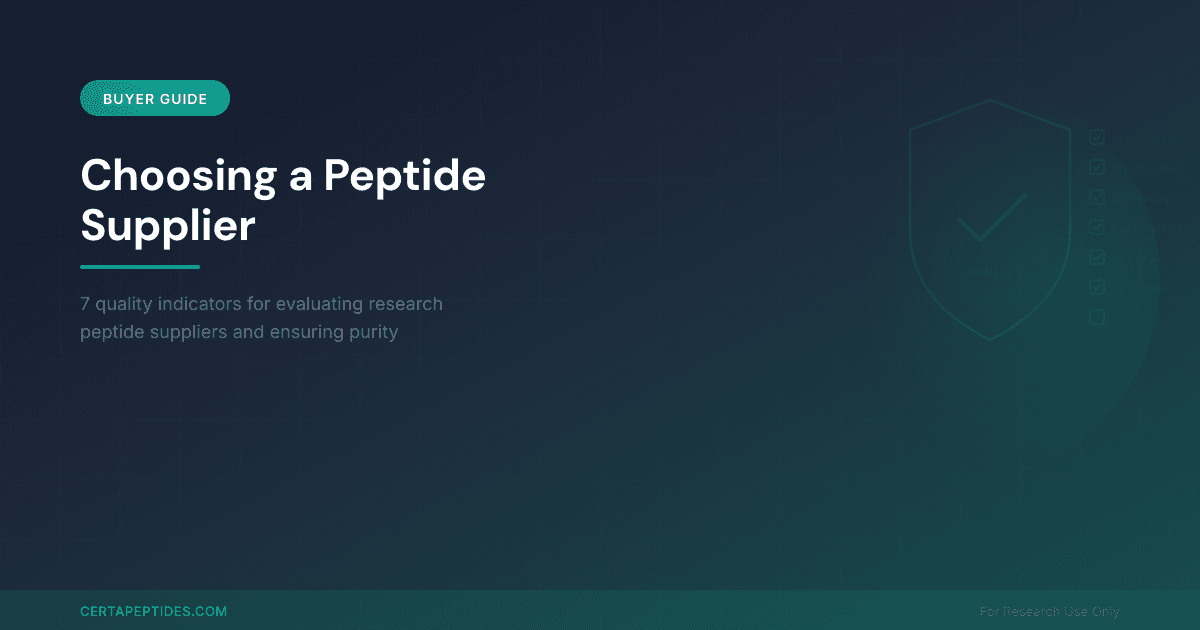 Research peptide vials on a laboratory bench with a Certificate of Analysis document
