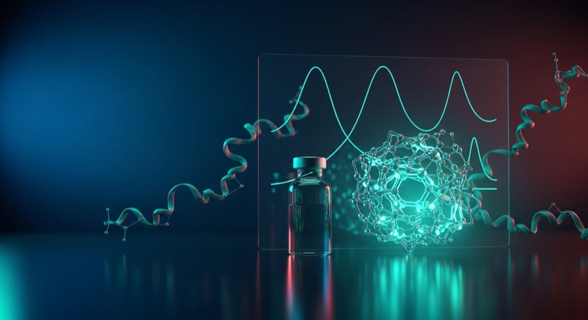 Research peptide vial with a 3D molecular structure and pharmacokinetic decay curves - CertaPeptides