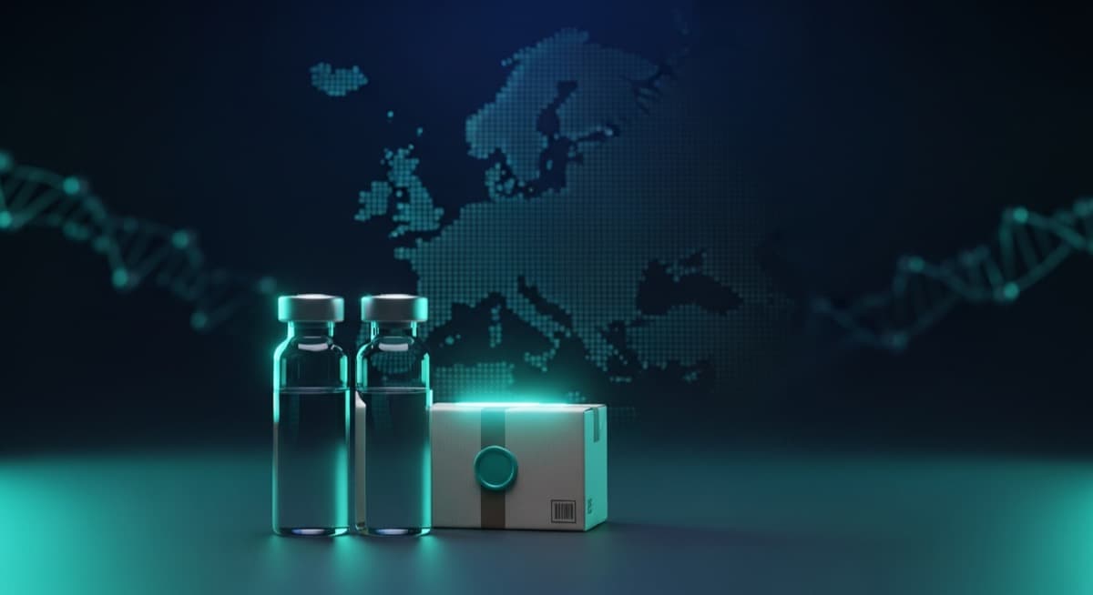 Research peptide vials and courier parcel with a glowing map of Europe - CertaPeptides