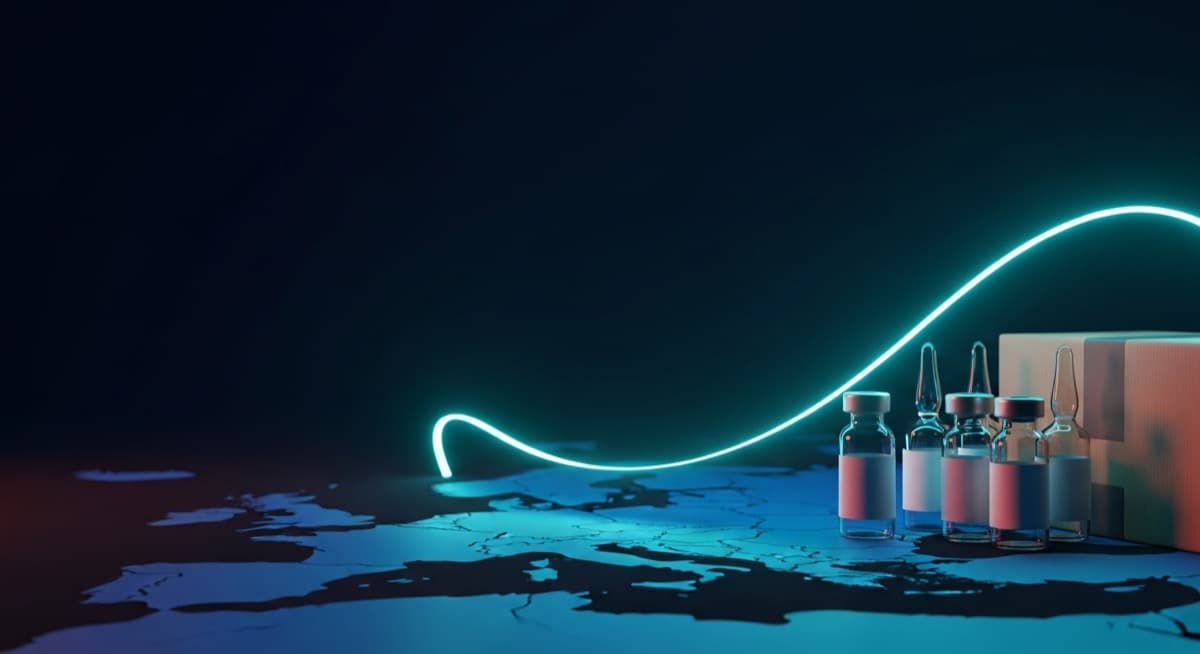 Research peptide vials and shipping parcel with a glowing map of Europe - CertaPeptides