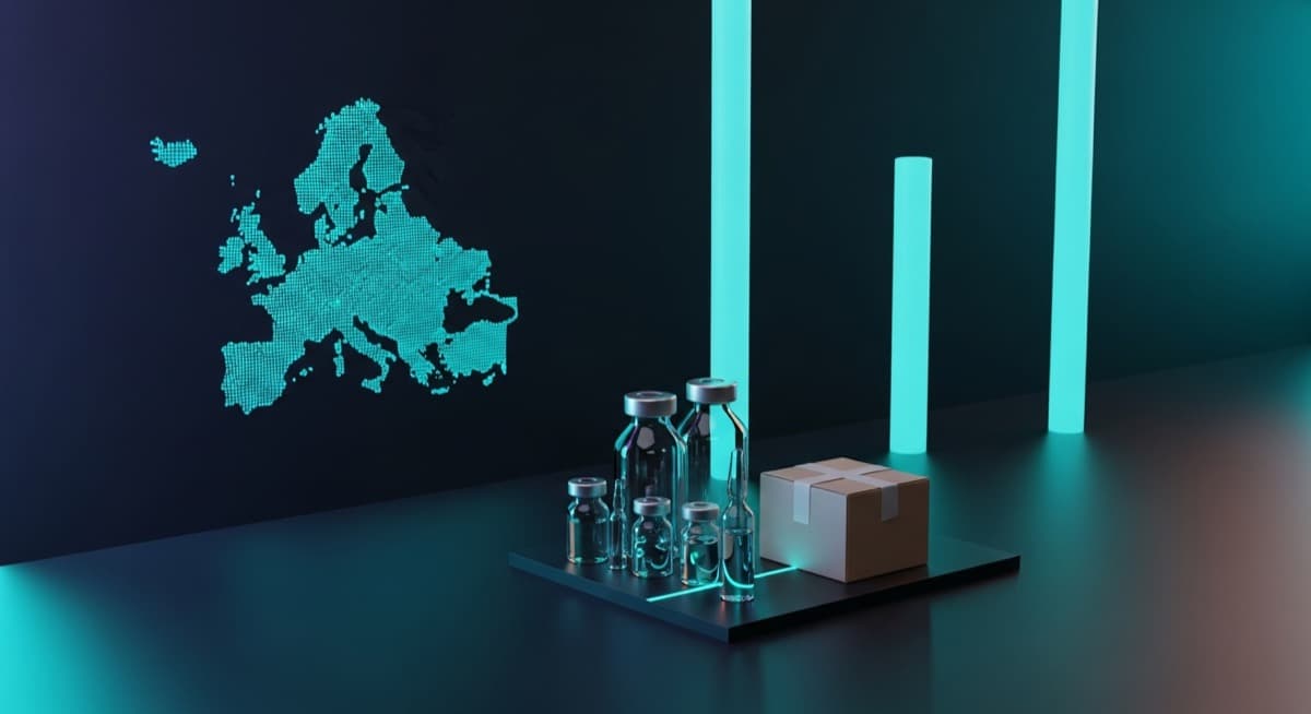 Research peptide vials and shipping parcel with a glowing map of Europe - CertaPeptides