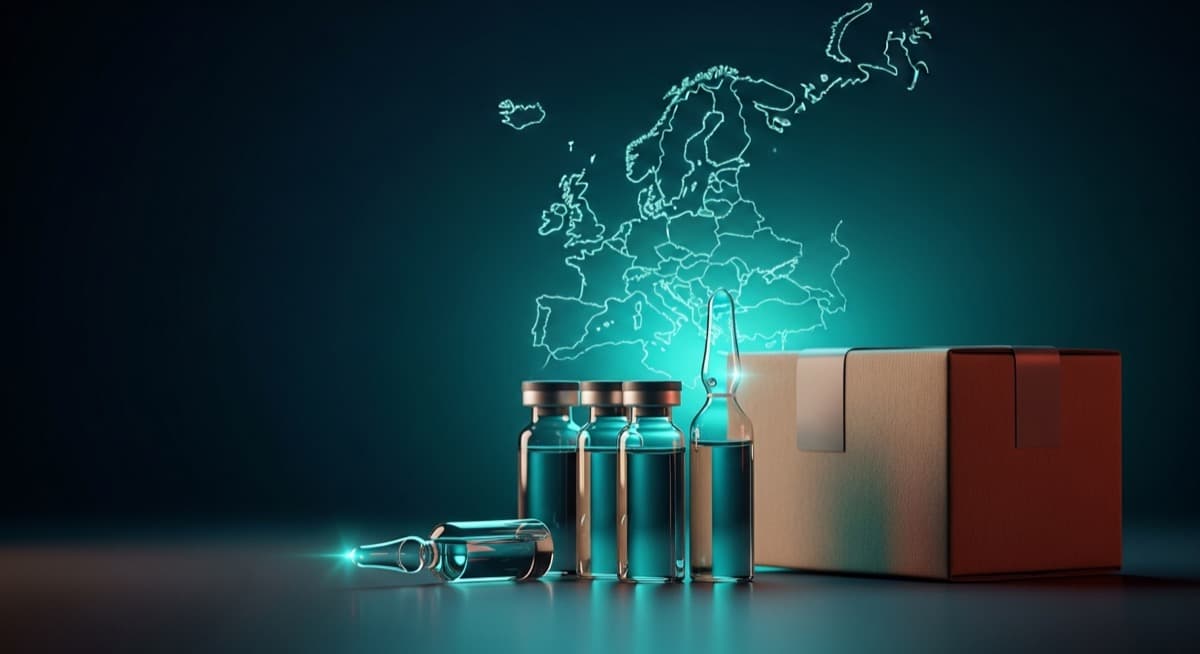 Research peptide vials and shipping parcel with a glowing map of Europe - CertaPeptides