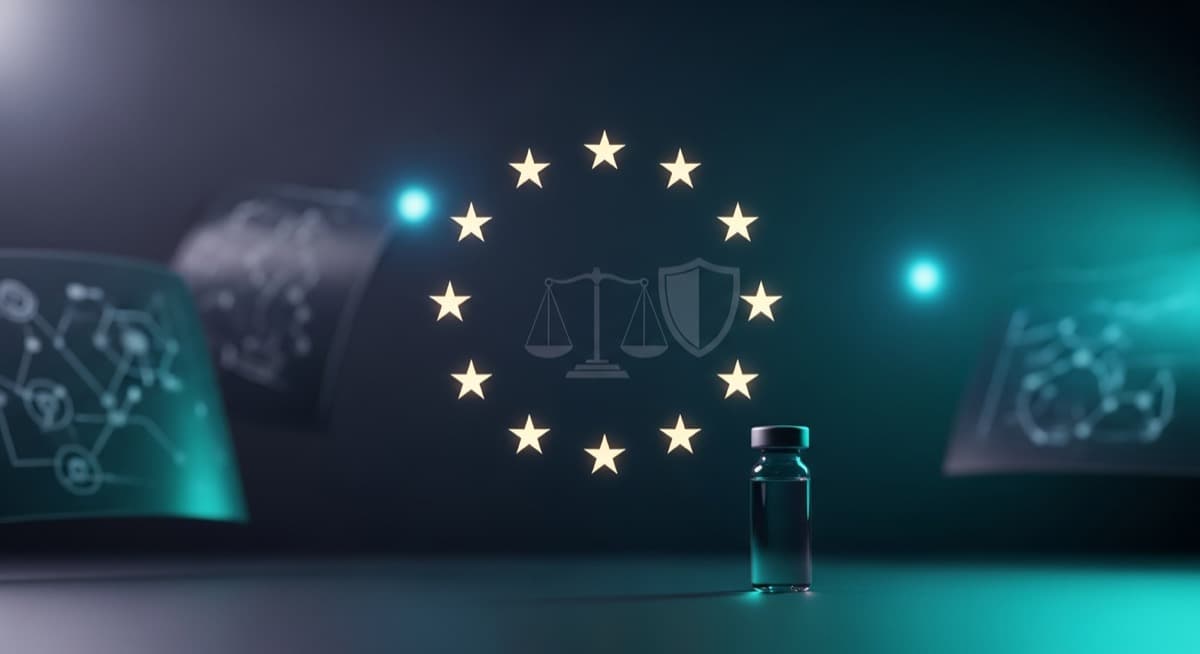 European Union stars with scales of justice and a research peptide vial - CertaPeptides