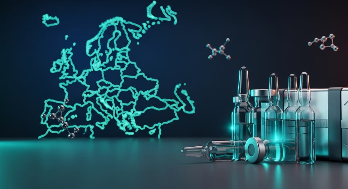 Research peptide vials and shipping parcel with a glowing map of Europe - CertaPeptides