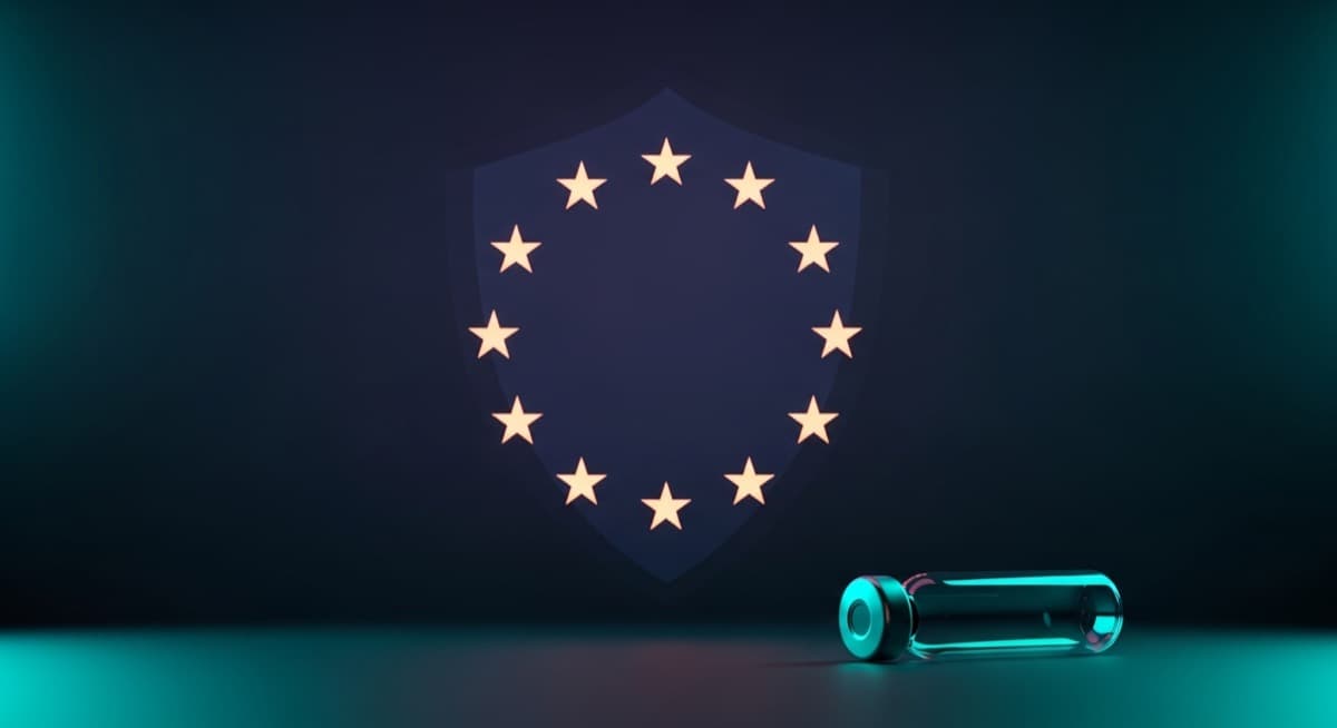 European Union stars shield with a research peptide vial - CertaPeptides