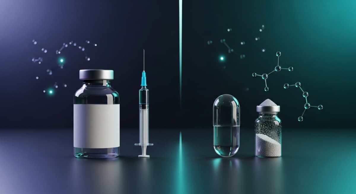 Injectable peptide vial with syringe beside an oral capsule and powder vial - CertaPeptides