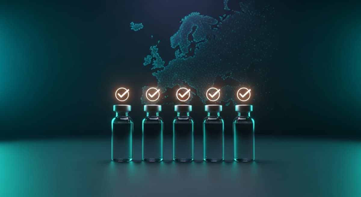 Row of verified research peptide vials over a map of Europe - CertaPeptides