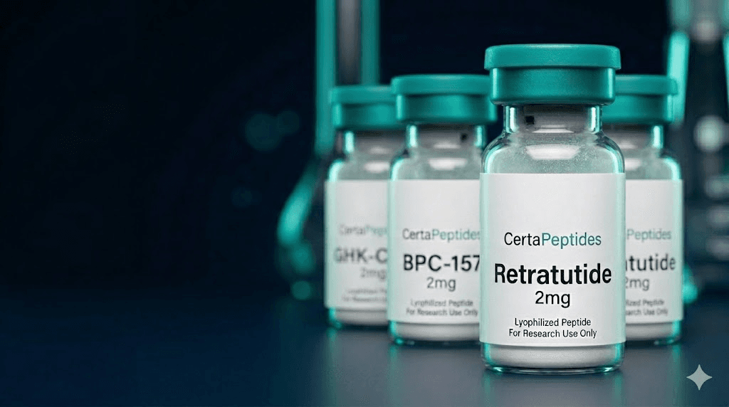 Флакони с изследователски пептиди CertaPeptides — Retratutide, BPC-157 и GHK-Cu