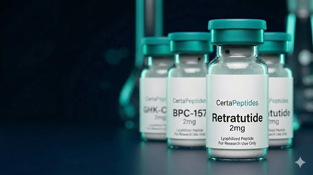CertaPeptides research peptide vials ā Retratutide, BPC-157, and GHK-Cu