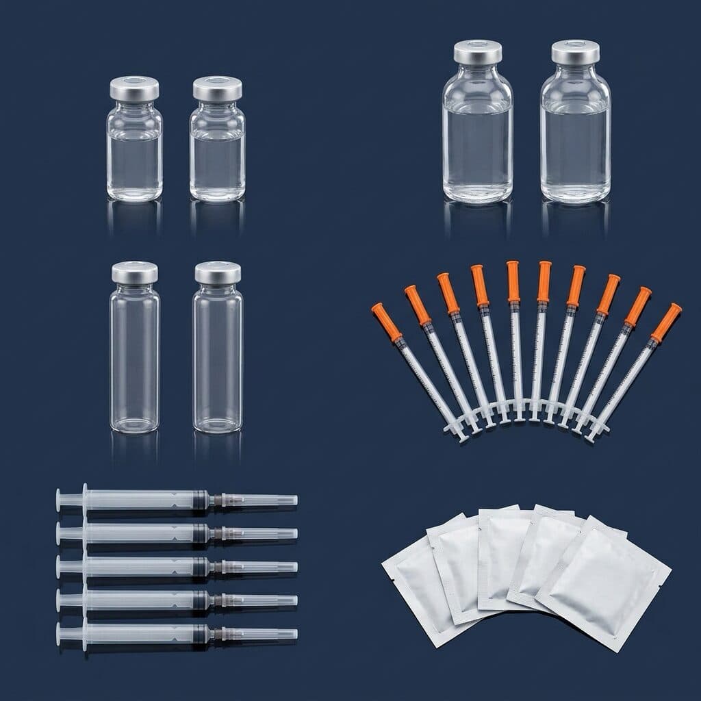 Peptide Mixing Kit contents laid out: bacteriostatic water vials, storage vials, insulin syringes, 3ml syringes and alcohol swabs